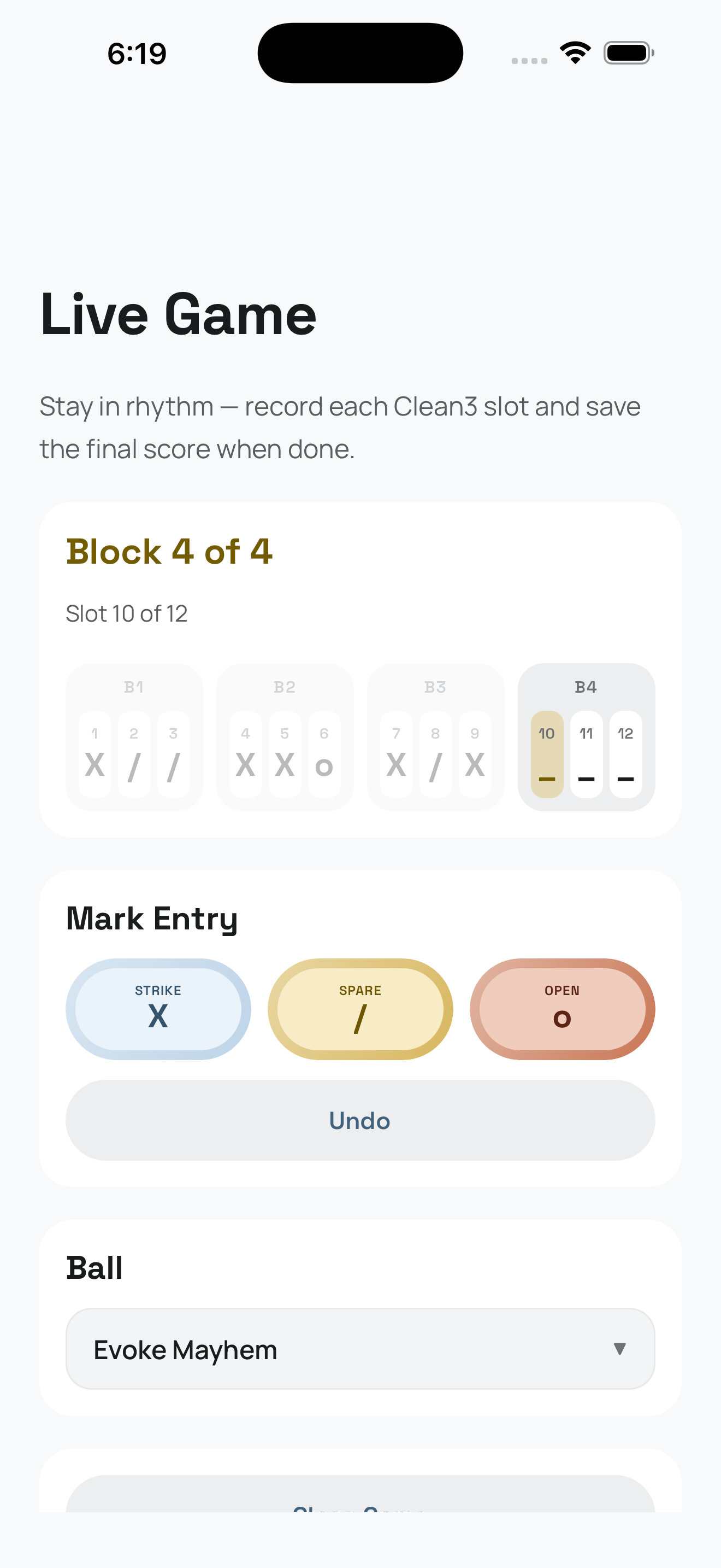 ZenPogo Bowl live game screen showing block tracking and mark entry